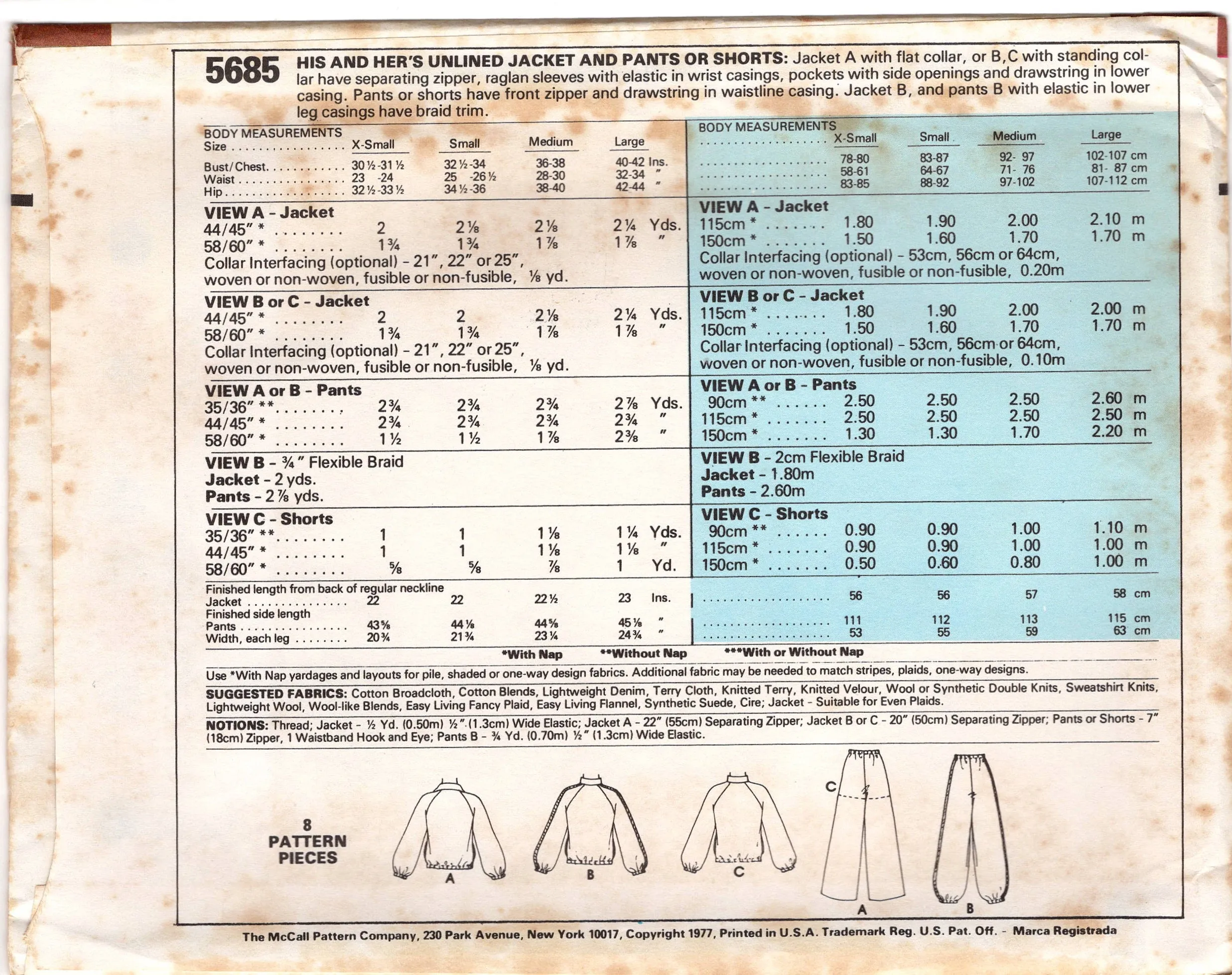 1970's McCall's Unlined Jacket and Wide Leg Pants Athletic Set pattern - Chest 30.5-31.5" - No. 5685