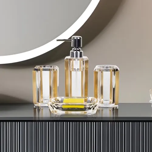 4-Piece Premium Acrylic Bathroom Accessory Set-Hand Sanitizer Bottle Lotion Can Bathroom Suit Separate Bottle Soap Box Mouthwash Cup Toothbrush Cup (Brushed Black)