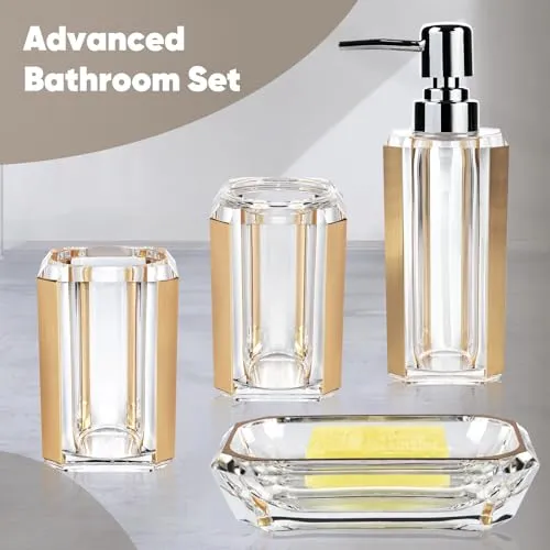 4-Piece Premium Acrylic Bathroom Accessory Set-Hand Sanitizer Bottle Lotion Can Bathroom Suit Separate Bottle Soap Box Mouthwash Cup Toothbrush Cup (Brushed Black)