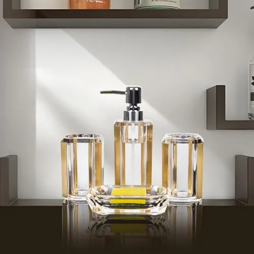 4-Piece Premium Acrylic Bathroom Accessory Set-Hand Sanitizer Bottle Lotion Can Bathroom Suit Separate Bottle Soap Box Mouthwash Cup Toothbrush Cup (Brushed Black)