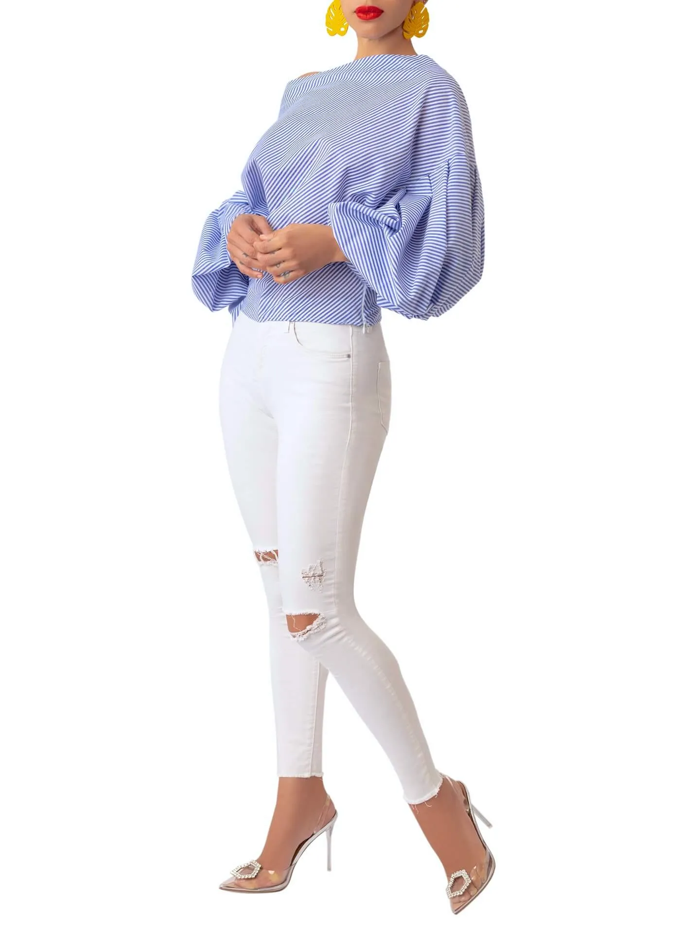 “Bísí” Stripe Billow Sleeve Top