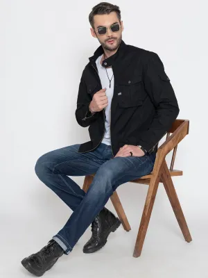 BLACK BIKER RIBSTOP FLEECE JACKET.
