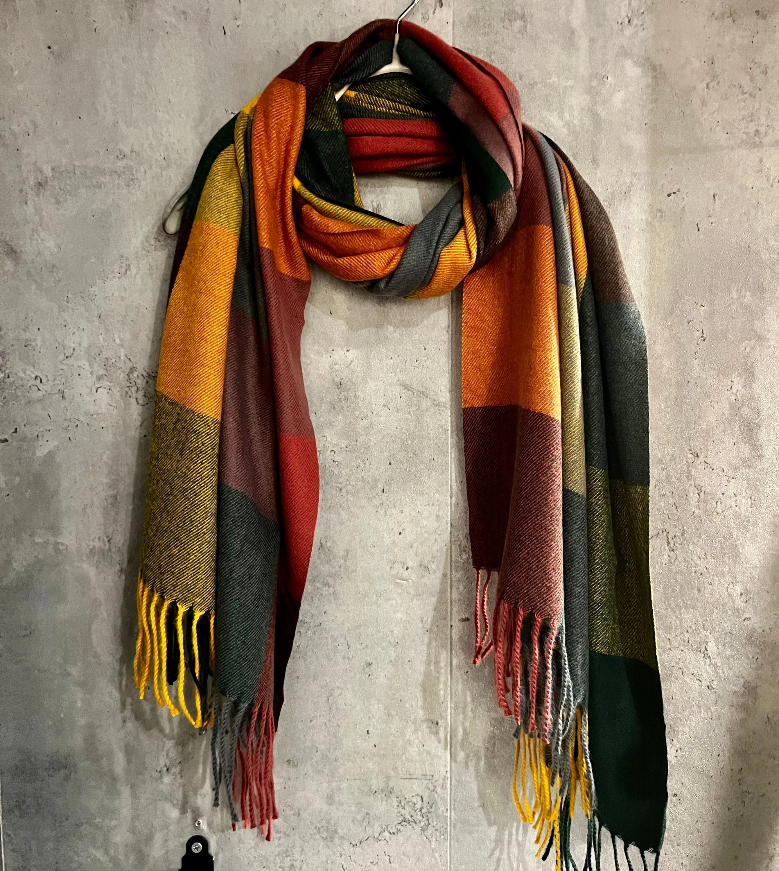Block Pattern Yellow Orange Cashmere Blend Winter Autumn Scarf