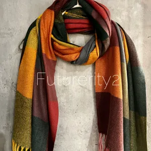 Block Pattern Yellow Orange Cashmere Blend Winter Autumn Scarf