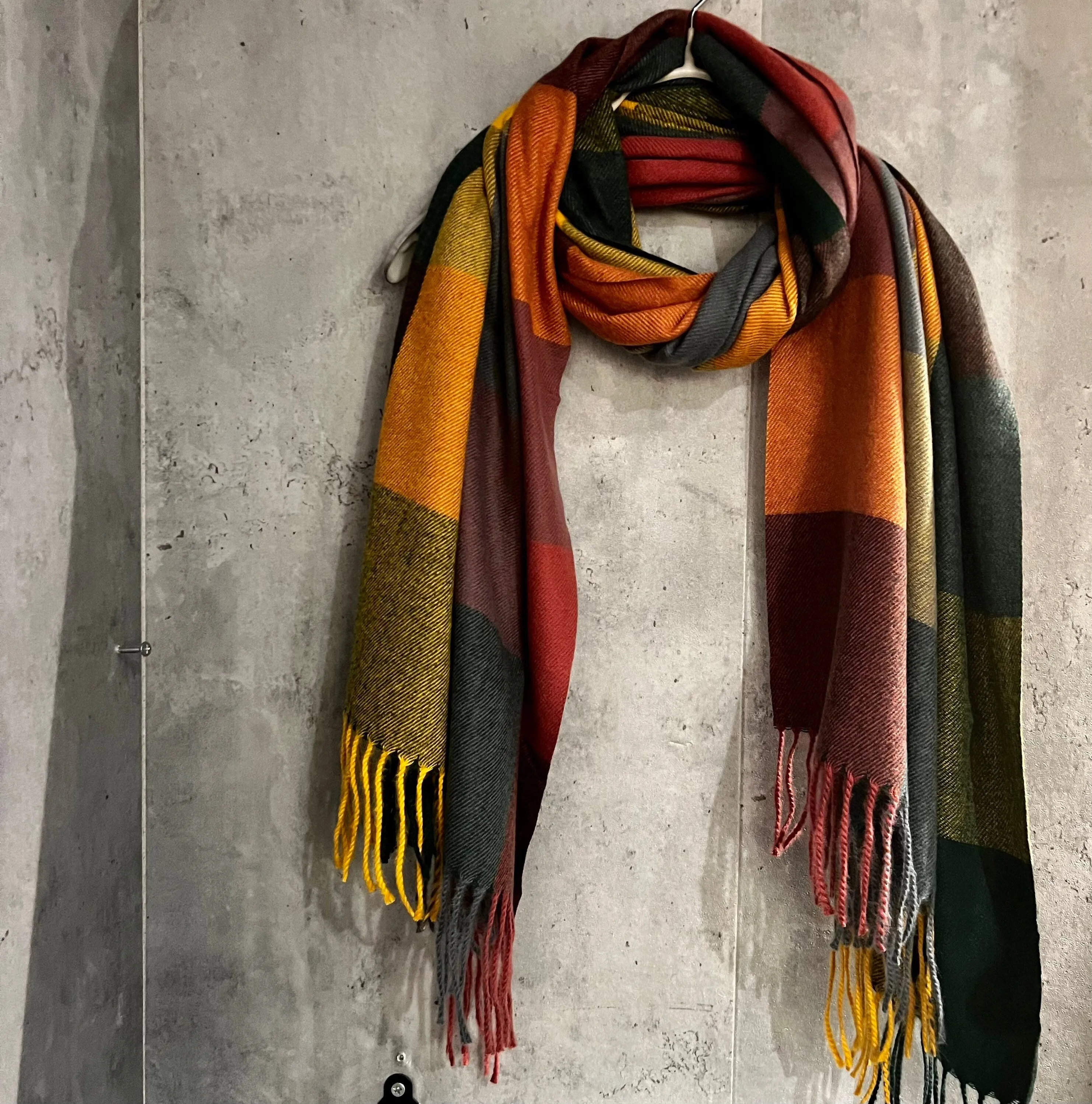 Block Pattern Yellow Orange Cashmere Blend Winter Autumn Scarf