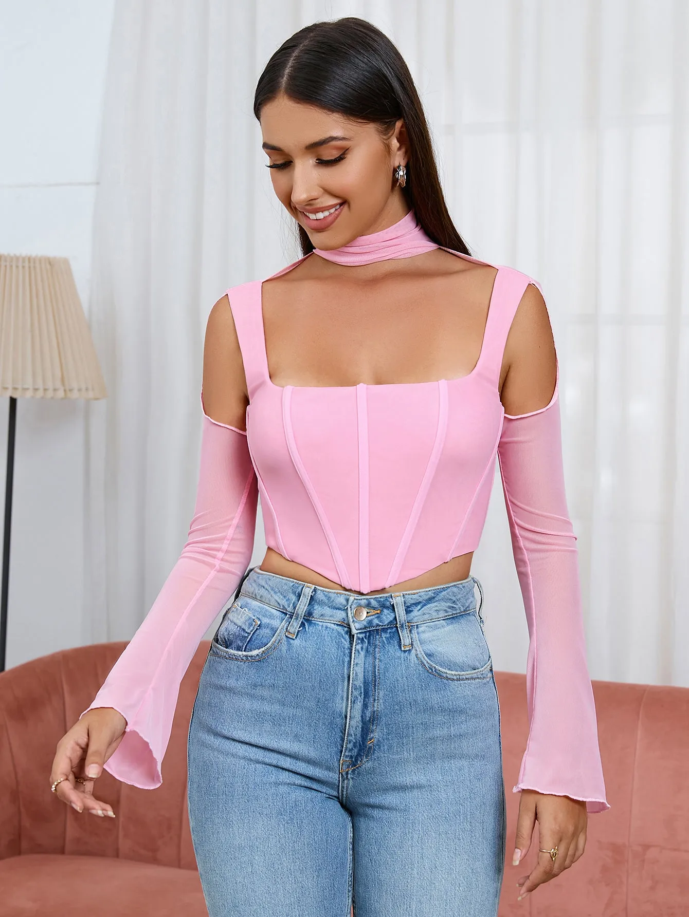 Boning Bell Sleeve Cut Out Mesh Corset Top