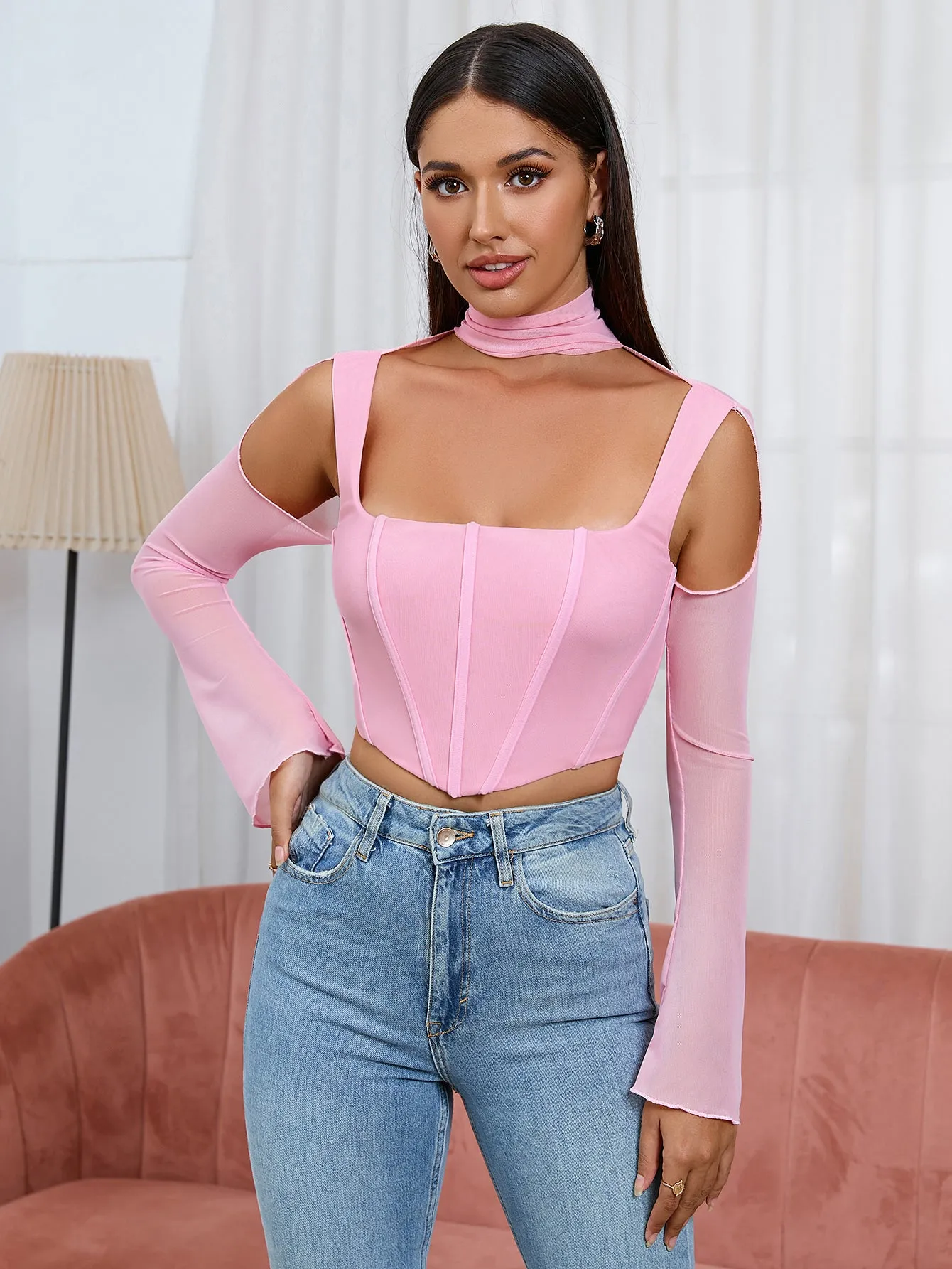 Boning Bell Sleeve Cut Out Mesh Corset Top