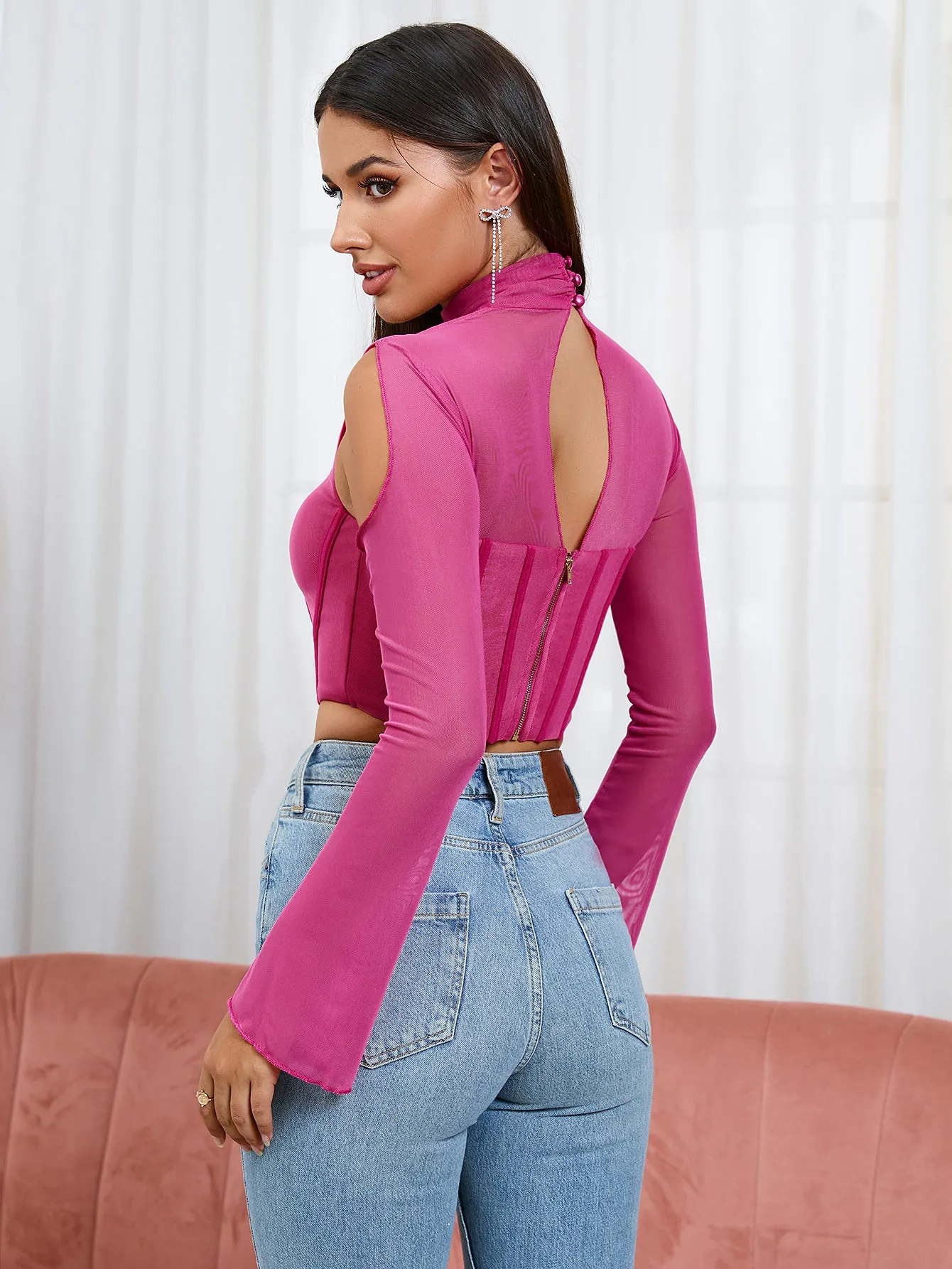Boning Bell Sleeve Cut Out Mesh Corset Top