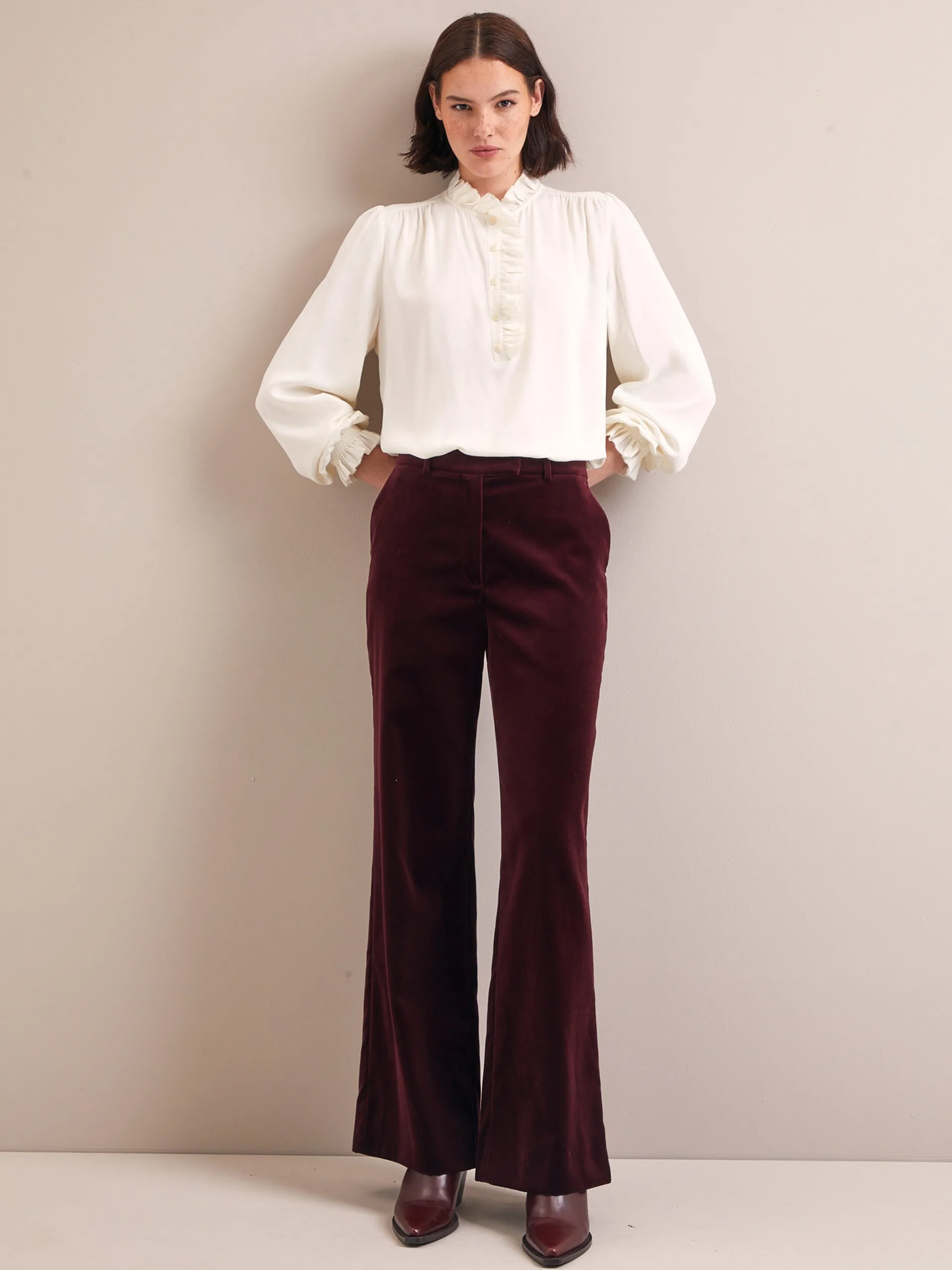 Burgundy Taylor velvet wide leg trousers