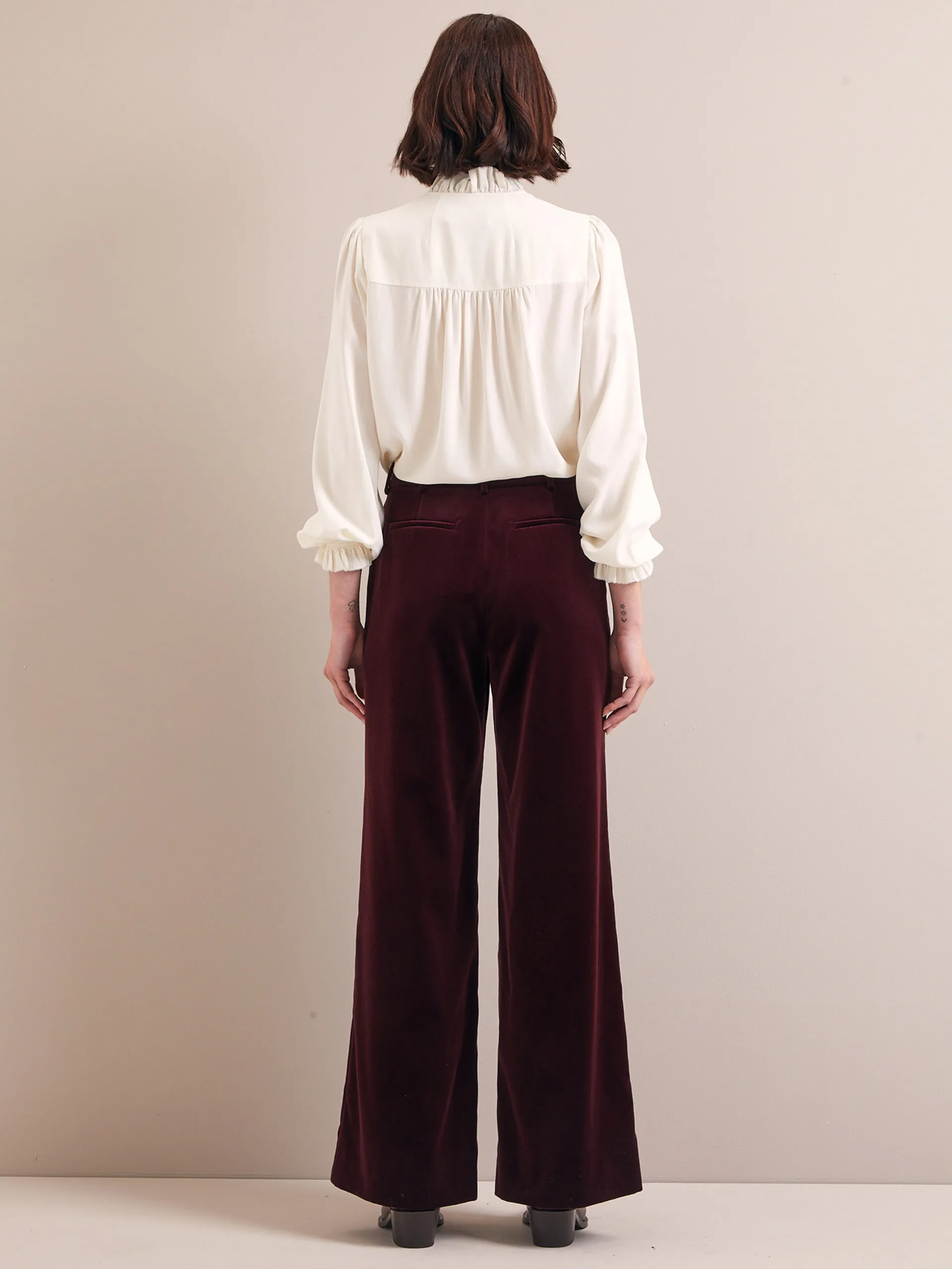 Burgundy Taylor velvet wide leg trousers