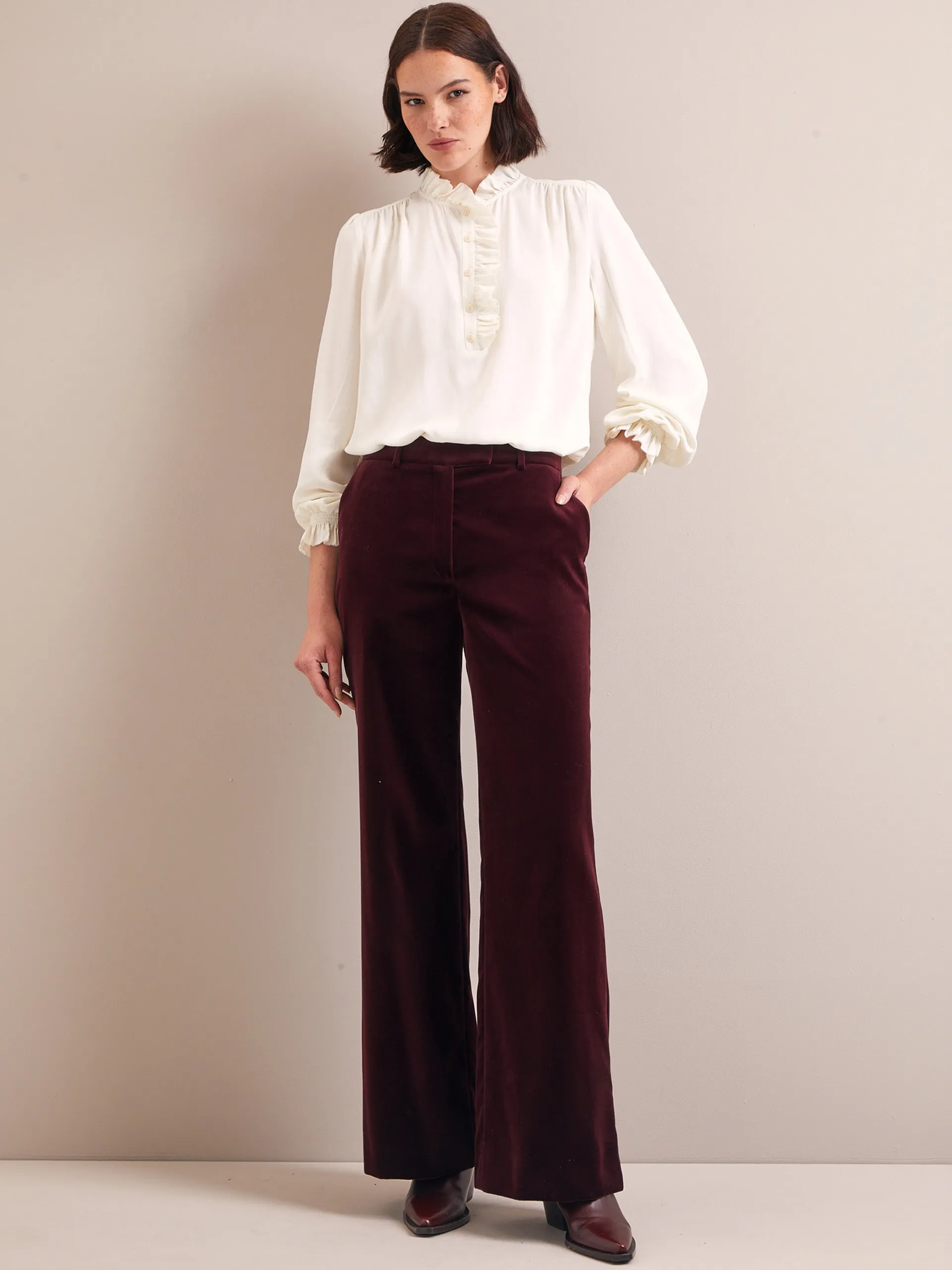 Burgundy Taylor velvet wide leg trousers