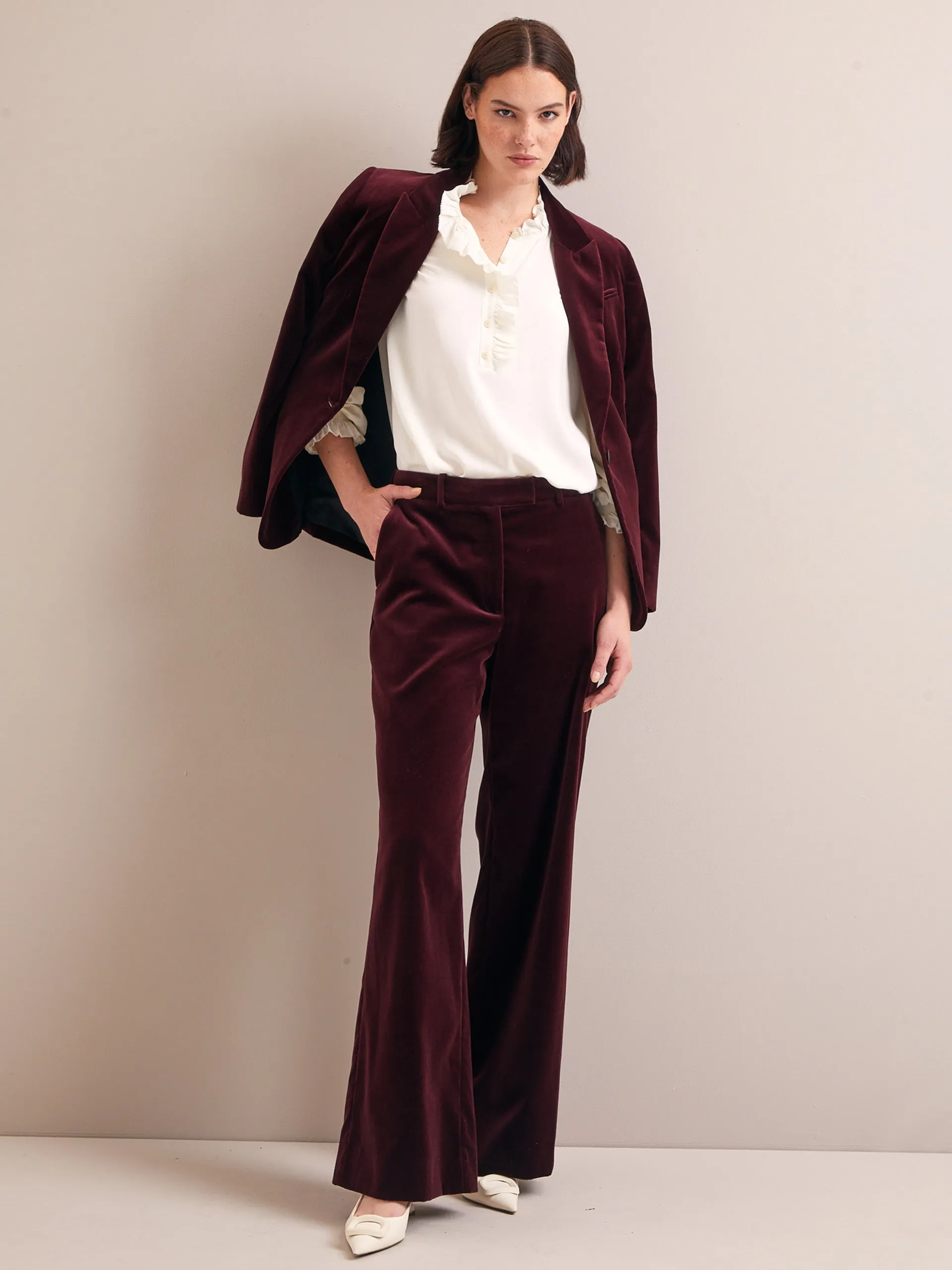 Burgundy Taylor velvet wide leg trousers