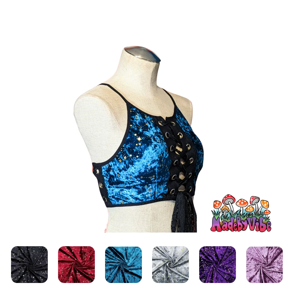 Constellation Velvet Lace Up Backless Crop Top With Black Trim - Ready to Ship