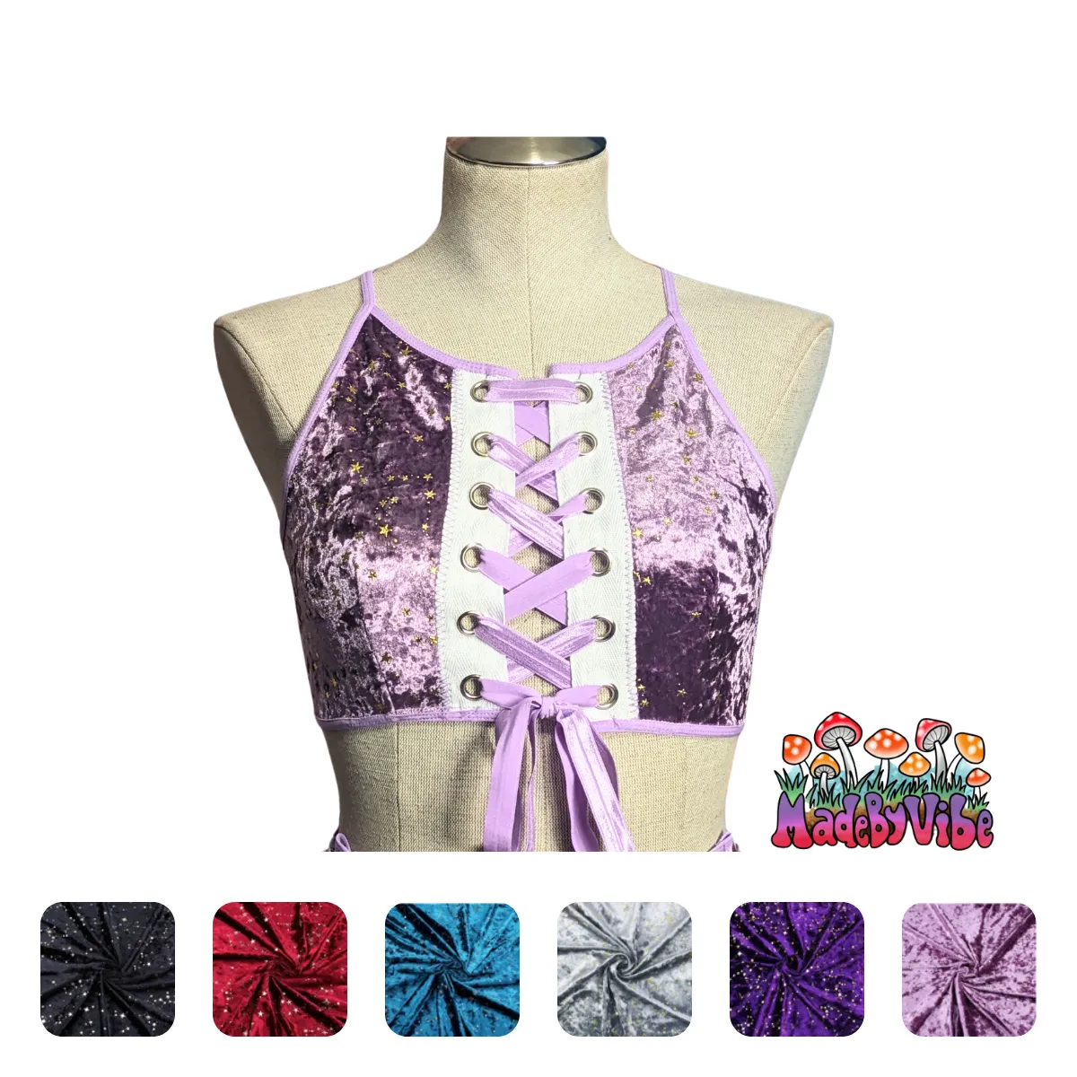 Constellation Velvet Lace Up Backless Crop Top With Black Trim - Ready to Ship
