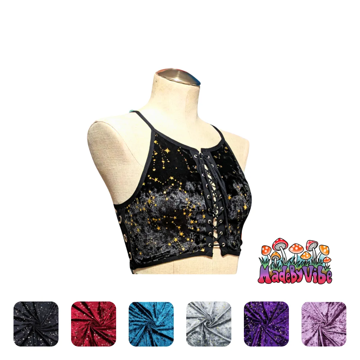 Constellation Velvet Lace Up Backless Crop Top With Black Trim - Ready to Ship