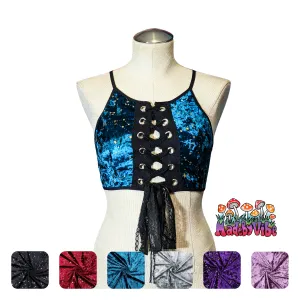 Constellation Velvet Lace Up Backless Crop Top With Black Trim - Ready to Ship