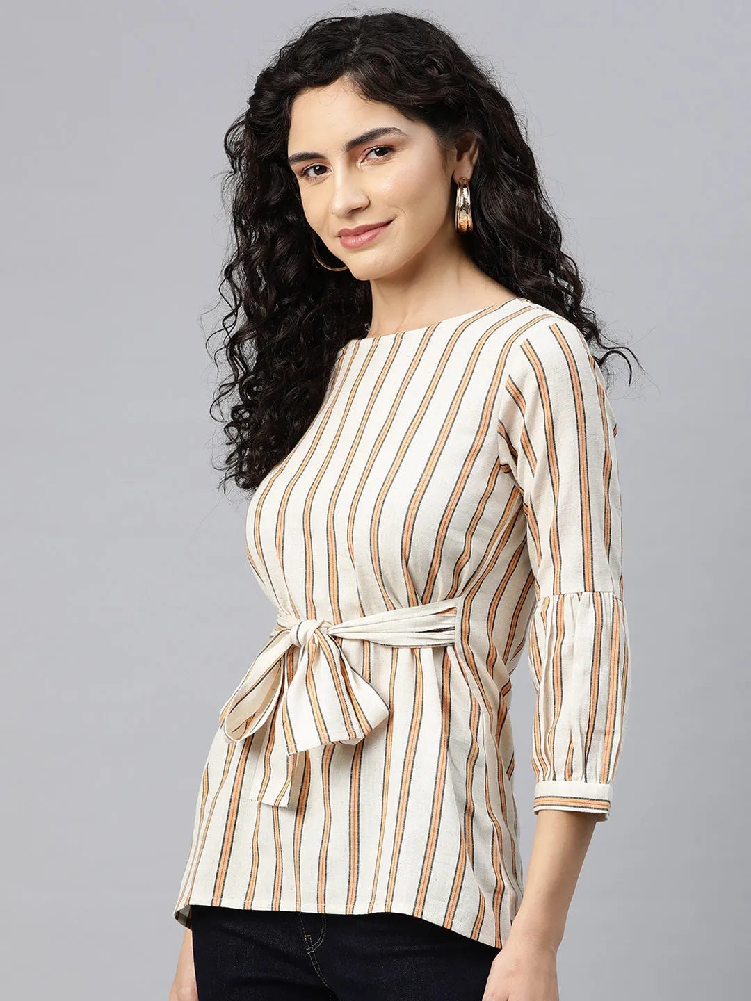 Cottinfab Women Striped Waist Tie-Up Top