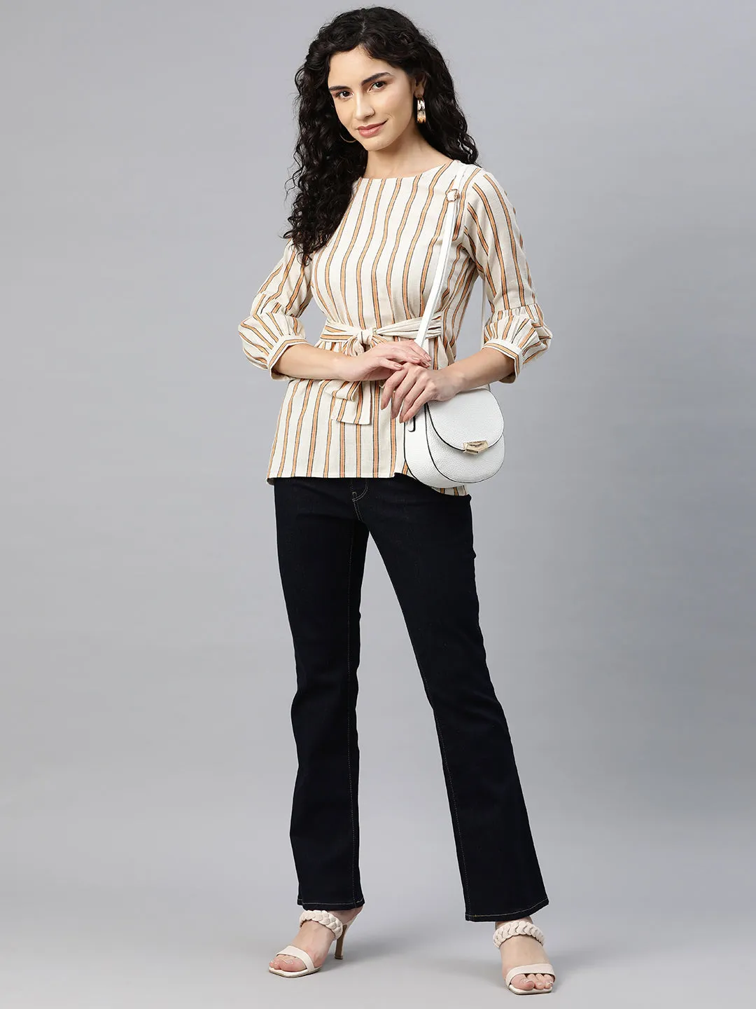 Cottinfab Women Striped Waist Tie-Up Top