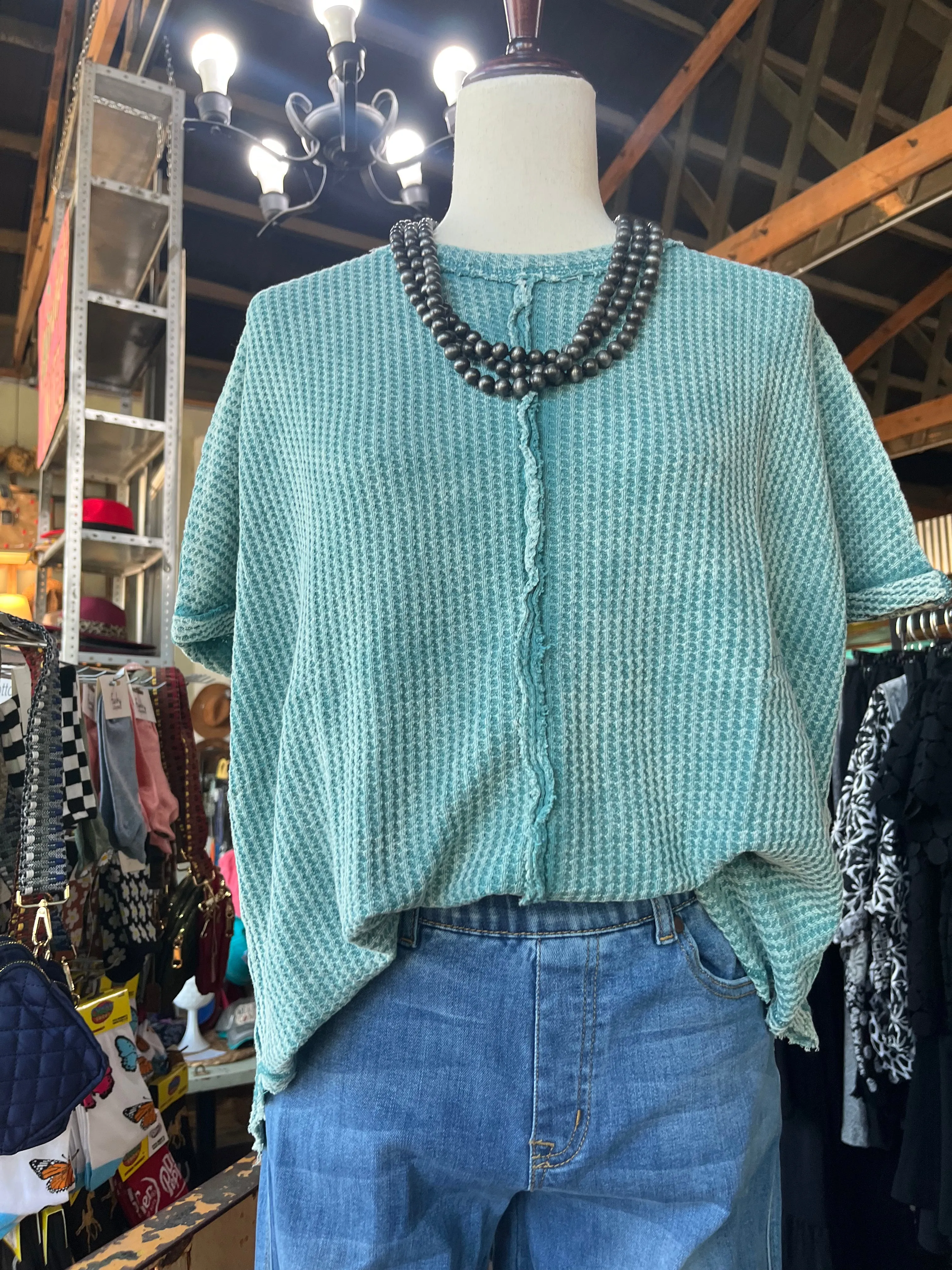 DUSTY TEAL WASHED WAFFLE SHORT SLEEVE TOP /STUFFOLOGY BOUTIQUE