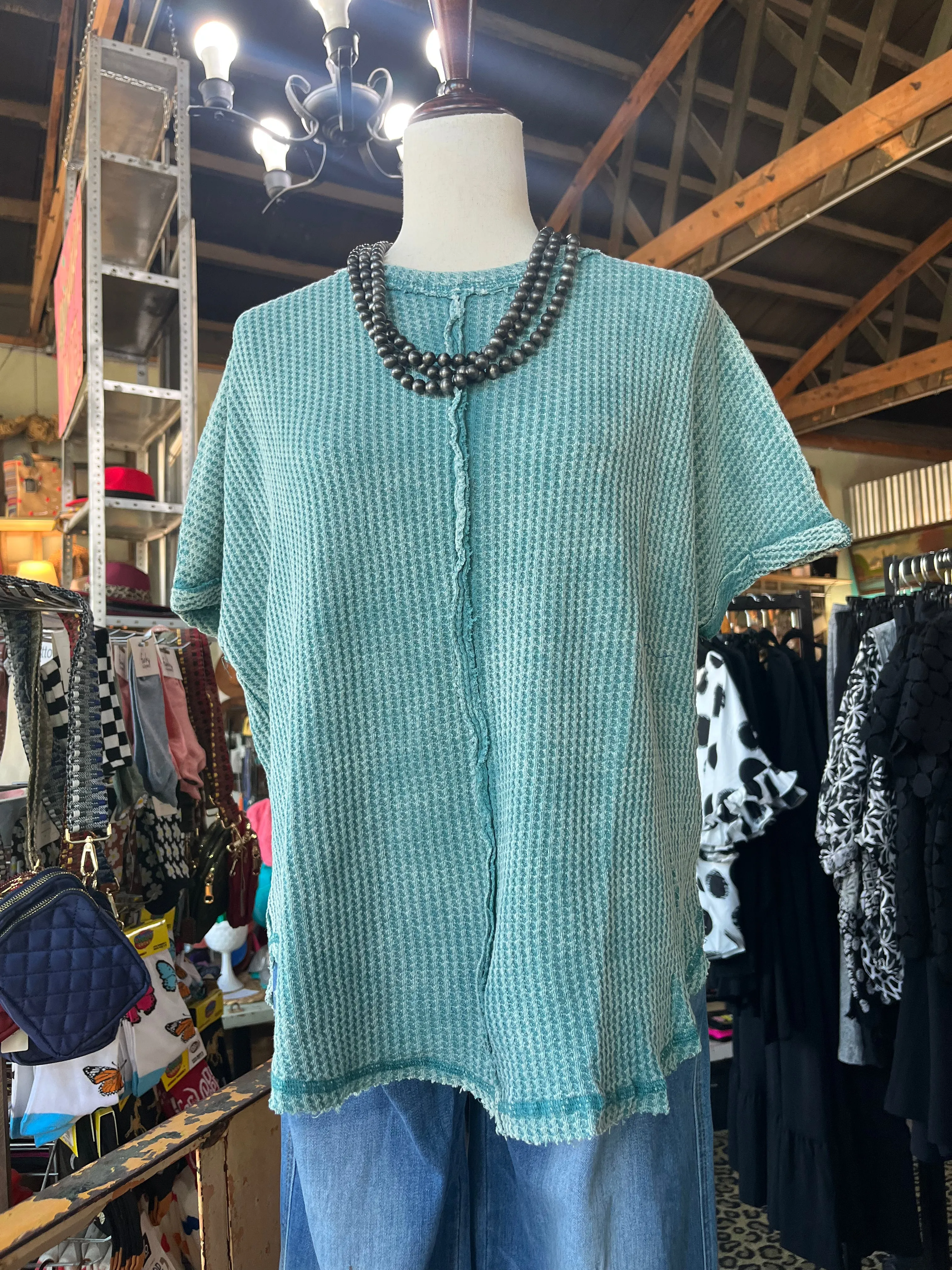 DUSTY TEAL WASHED WAFFLE SHORT SLEEVE TOP /STUFFOLOGY BOUTIQUE