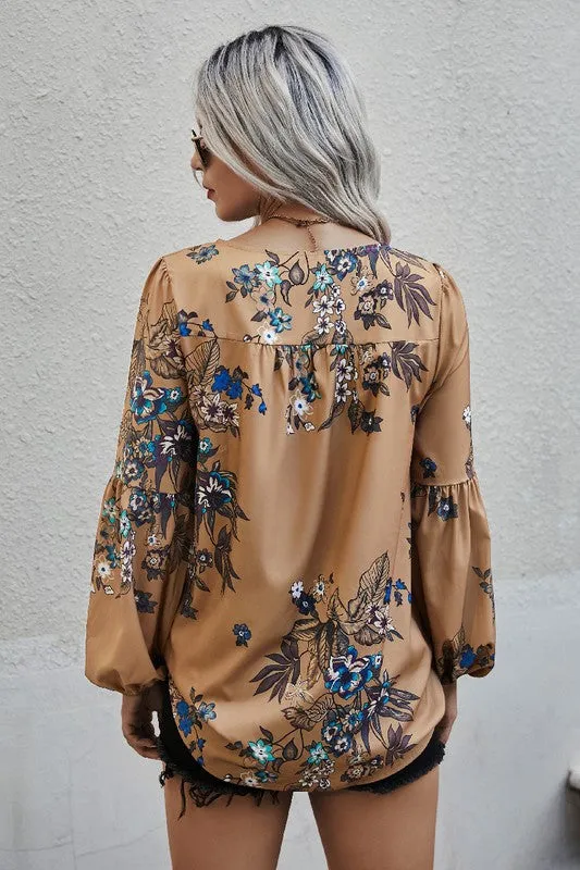 Fall Boho Floral V Neck Blouse