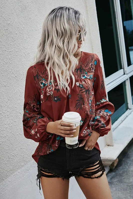 Fall Boho Floral V Neck Blouse
