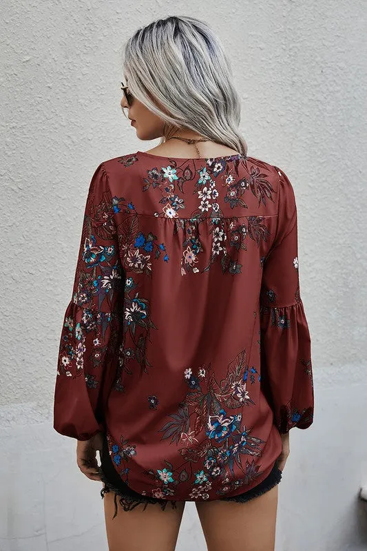 Fall Boho Floral V Neck Blouse