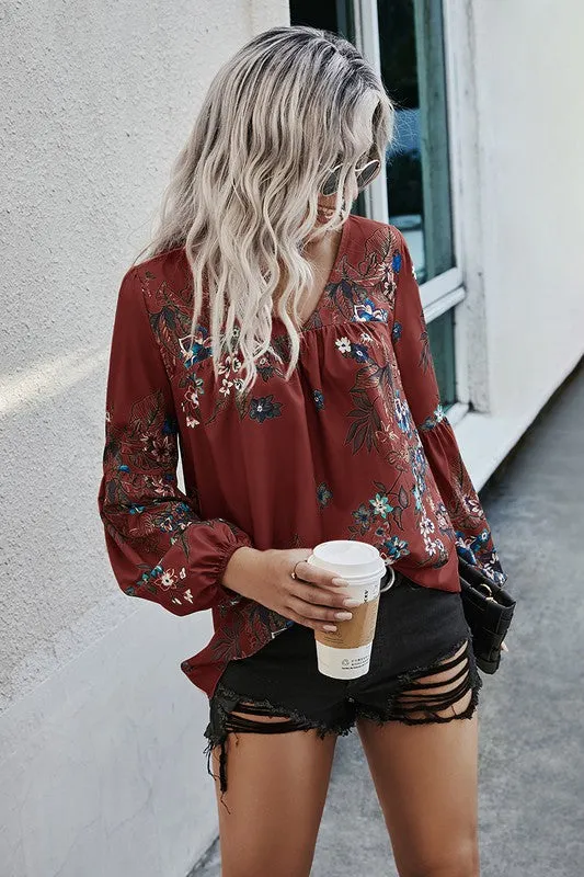 Fall Boho Floral V Neck Blouse