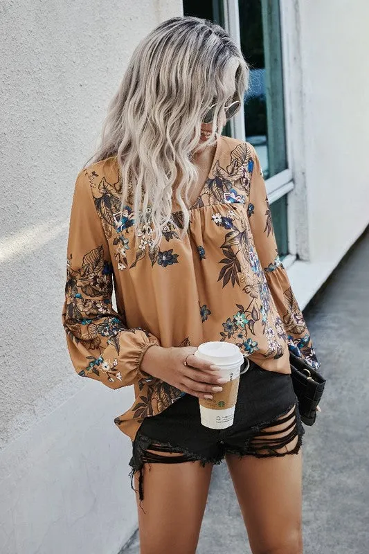 Fall Boho Floral V Neck Blouse