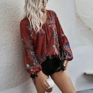 Fall Boho Floral V Neck Blouse