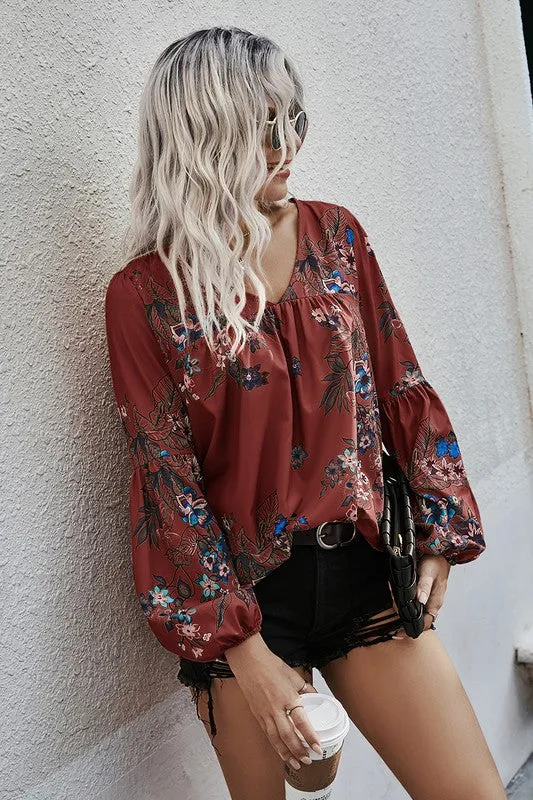 Fall Boho Floral V Neck Blouse