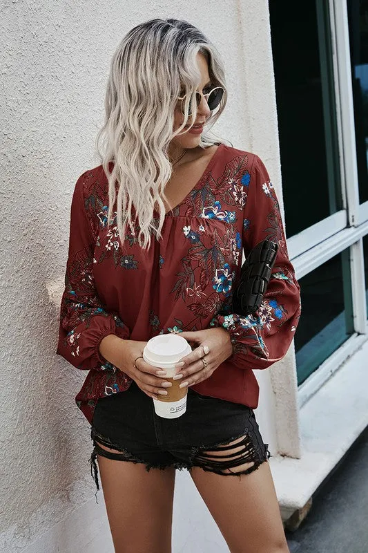 Fall Boho Floral V Neck Blouse