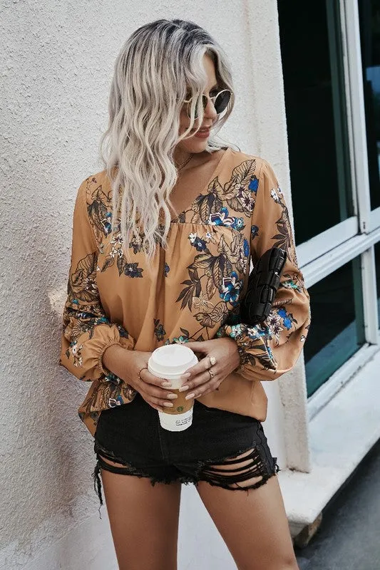 Fall Boho Floral V Neck Blouse