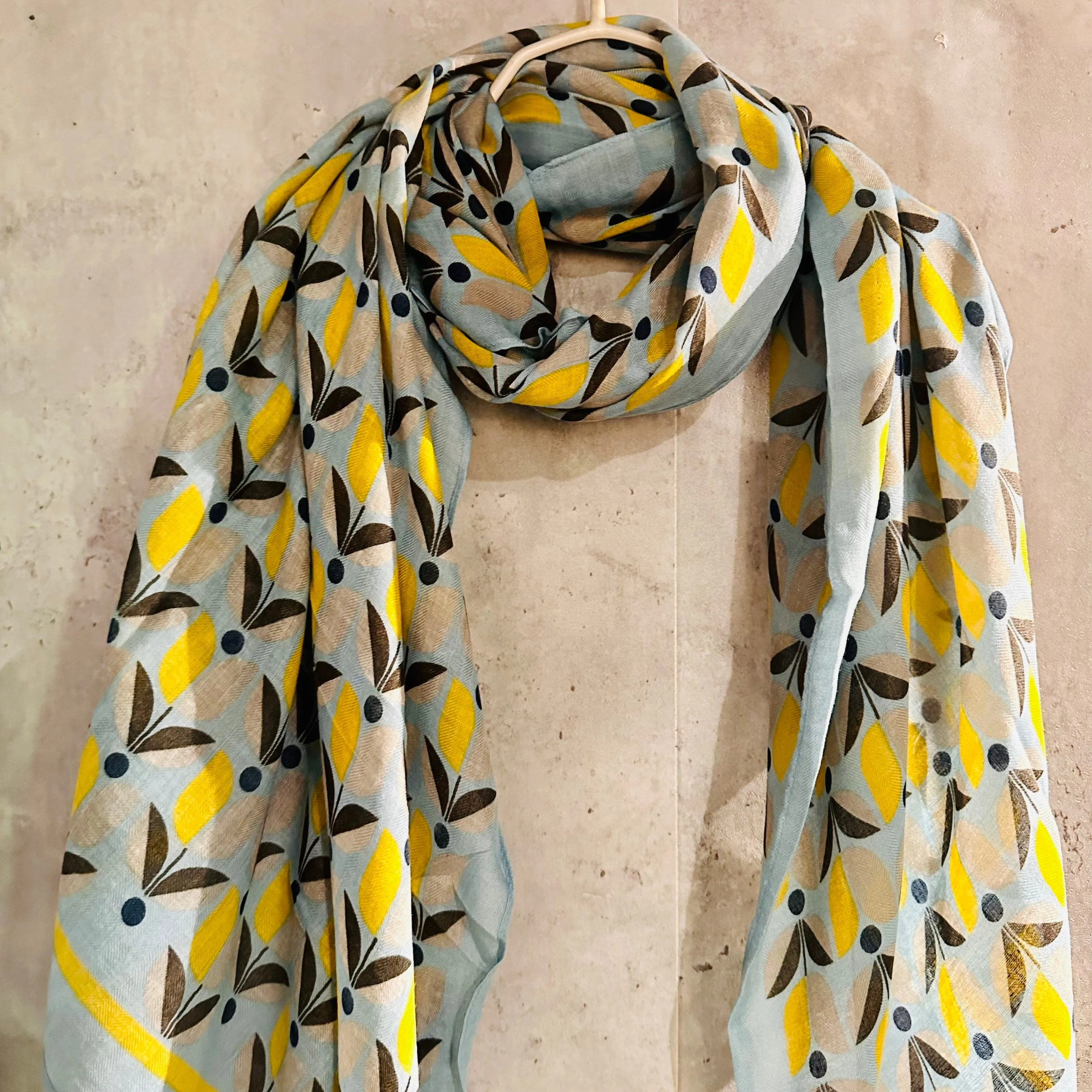 Grey Blue Organic Cotton Scarf with Eco-Friendly Retro Seamless Flowers – A Sustainable Gift for Mom, Ideal for Birthday and Christmas Celebrations
