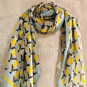 Grey Blue Organic Cotton Scarf with Eco-Friendly Retro Seamless Flowers – A Sustainable Gift for Mom, Ideal for Birthday and Christmas Celebrations