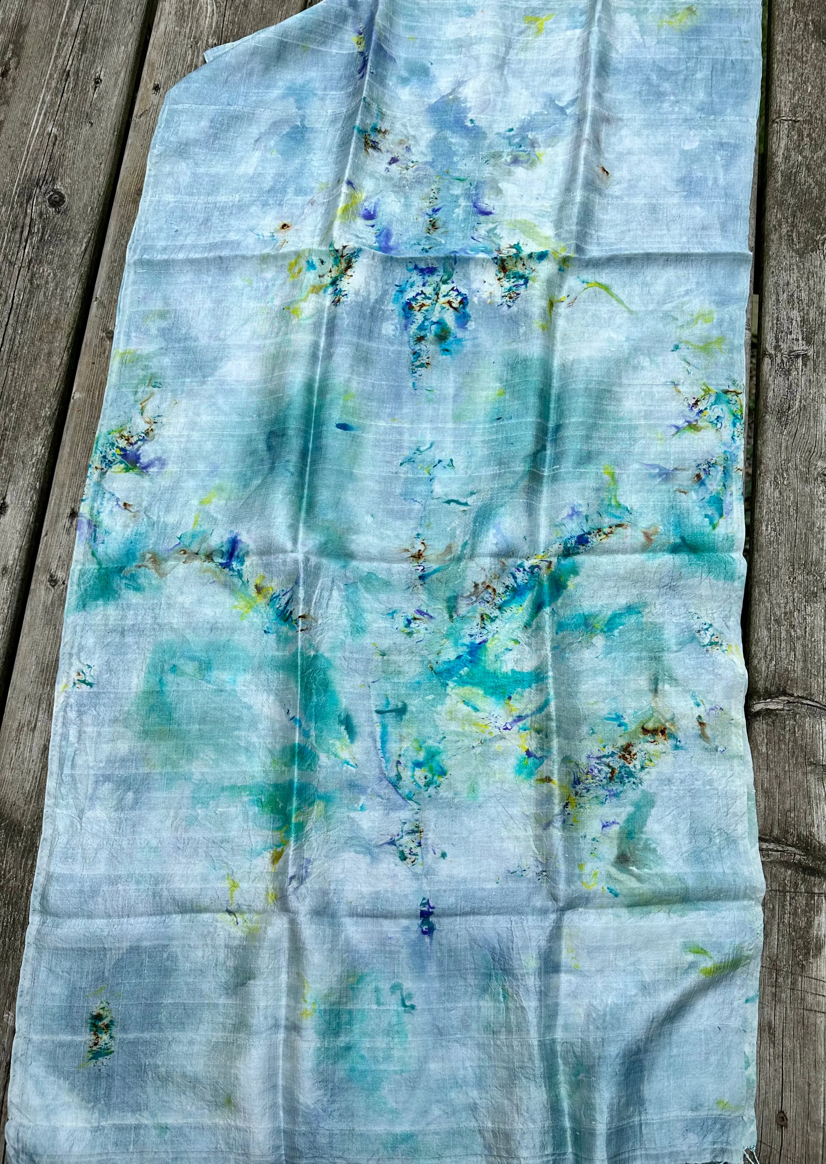 Hand Dyed Silk Scarf "BeeBop Blues #3" Blue Teal Turquoise Yellow Violet Gold Lime Silver Copper Mulberry Silk Scarf 23” x 73” 59cm x 187cm