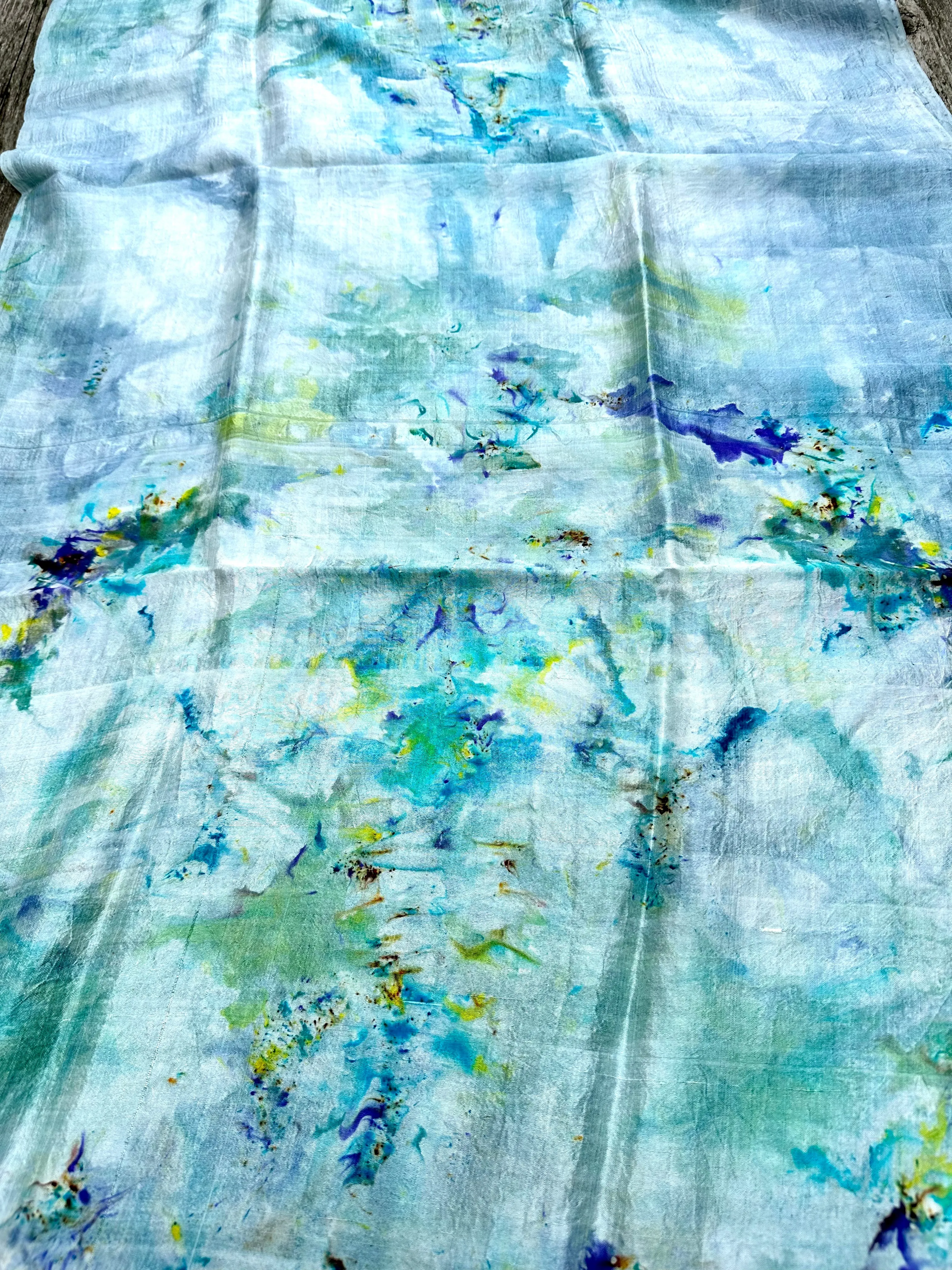 Hand Dyed Silk Scarf "BeeBop Blues #3" Blue Teal Turquoise Yellow Violet Gold Lime Silver Copper Mulberry Silk Scarf 23” x 73” 59cm x 187cm