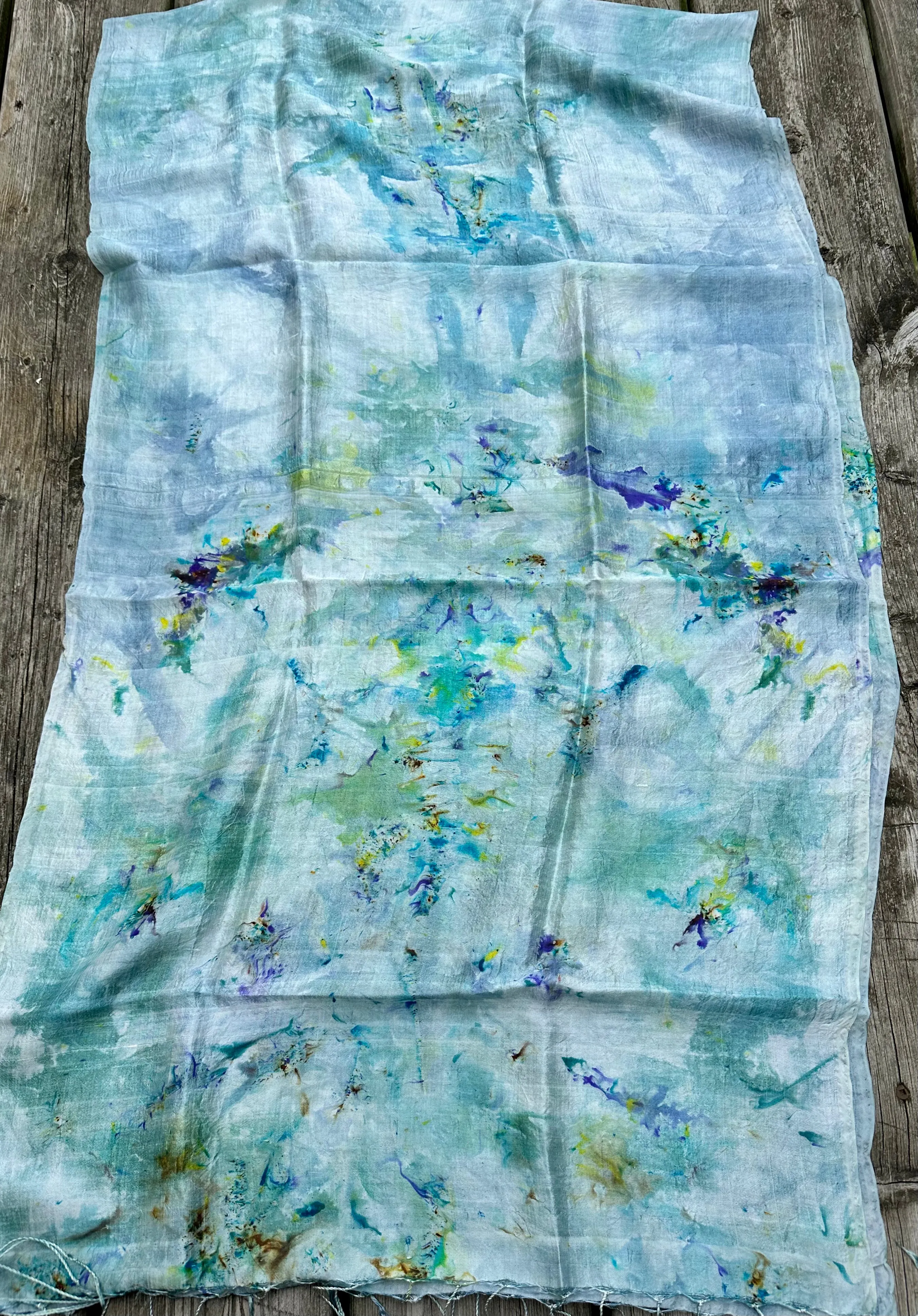 Hand Dyed Silk Scarf "BeeBop Blues #3" Blue Teal Turquoise Yellow Violet Gold Lime Silver Copper Mulberry Silk Scarf 23” x 73” 59cm x 187cm