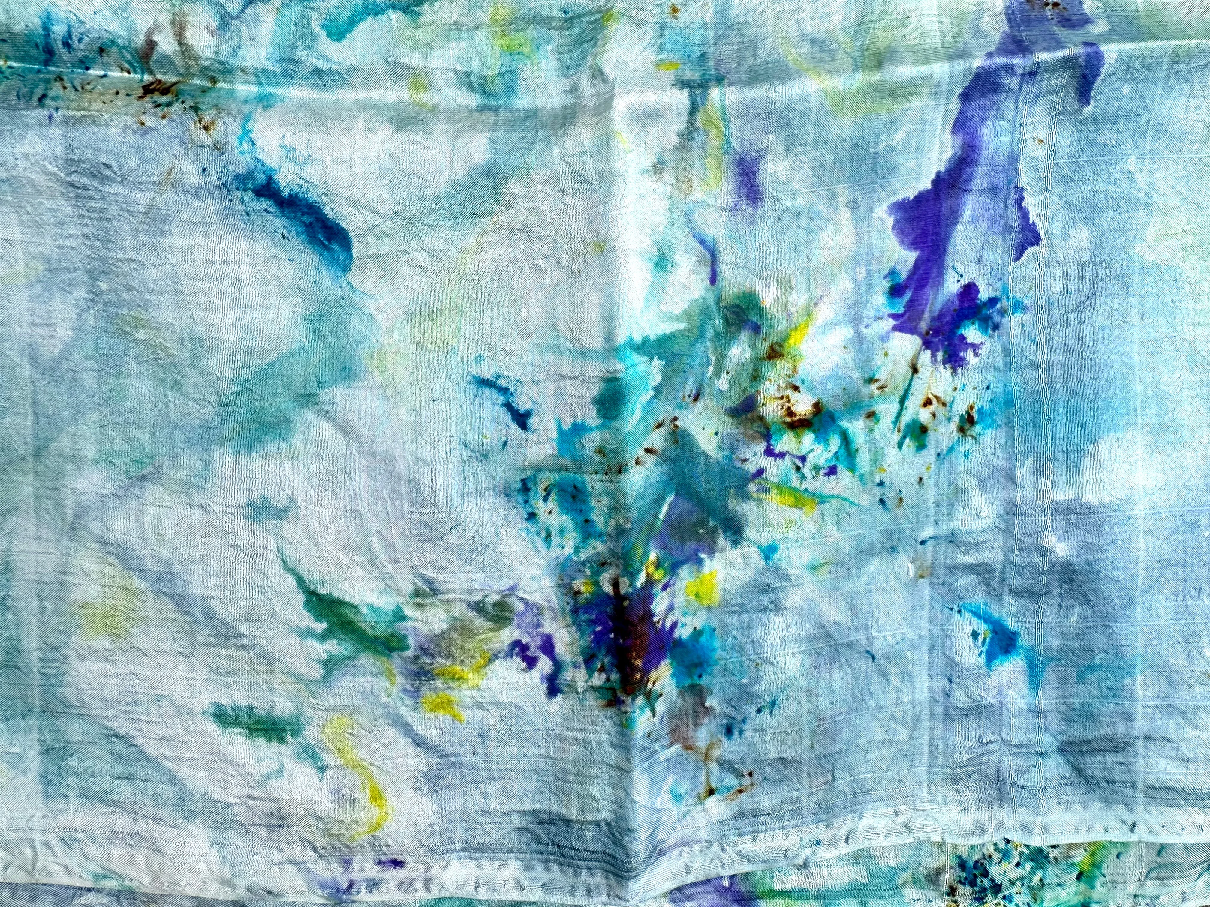 Hand Dyed Silk Scarf "BeeBop Blues #3" Blue Teal Turquoise Yellow Violet Gold Lime Silver Copper Mulberry Silk Scarf 23” x 73” 59cm x 187cm