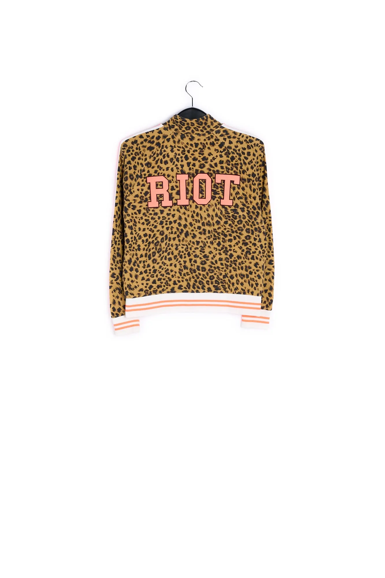 Leopard-print track jacket with 'riot' slogan
