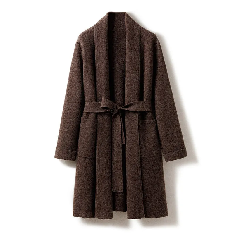 Mid-length Belted Cardigan Jacket Long Sleeve Cashmere Cardigan