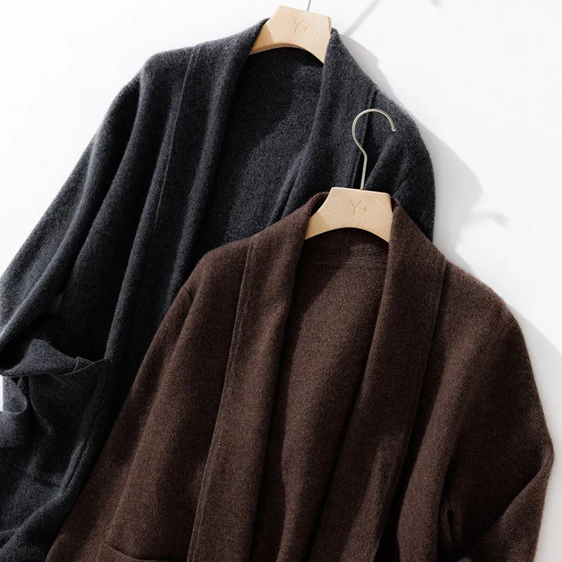 Mid-length Belted Cardigan Jacket Long Sleeve Cashmere Cardigan