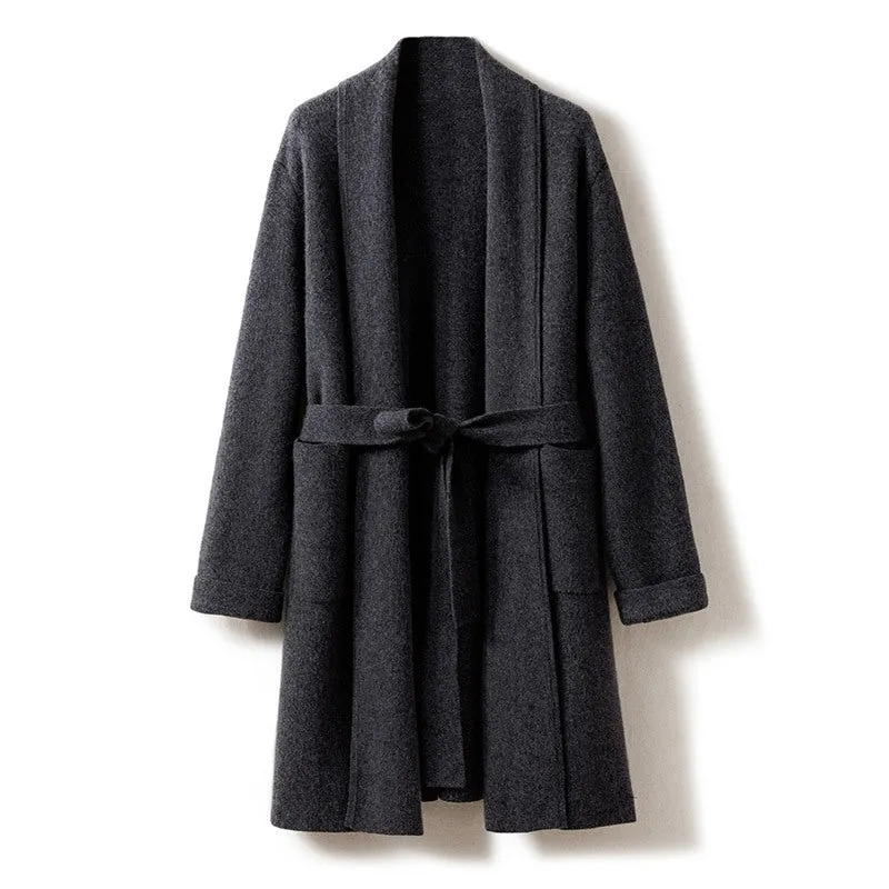Mid-length Belted Cardigan Jacket Long Sleeve Cashmere Cardigan