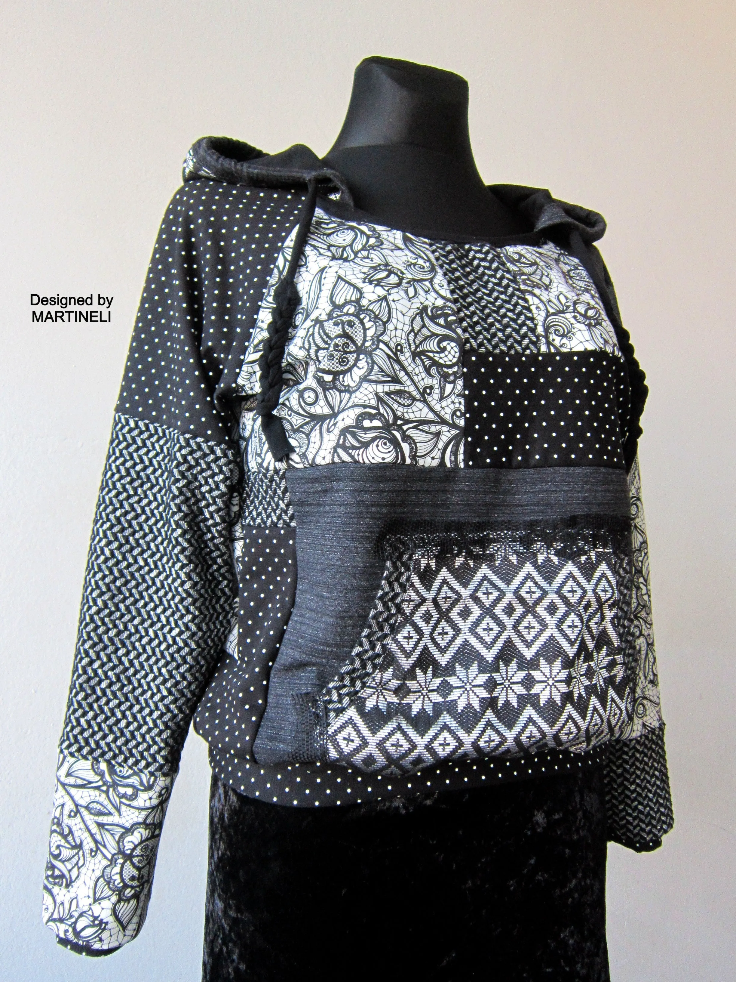M/L Gray Boho Hoodie,Patchwork Hoodie for Women