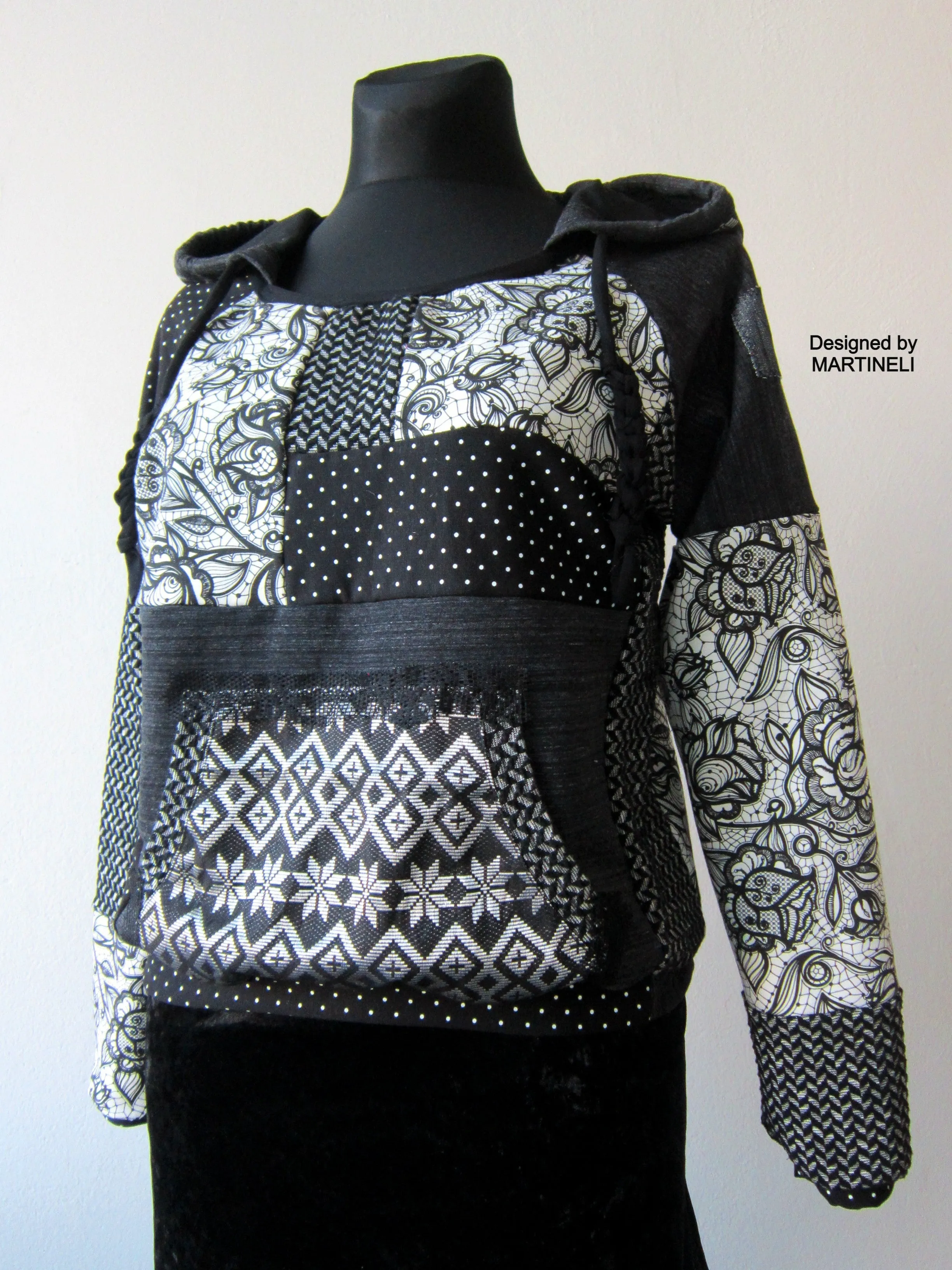 M/L Gray Boho Hoodie,Patchwork Hoodie for Women