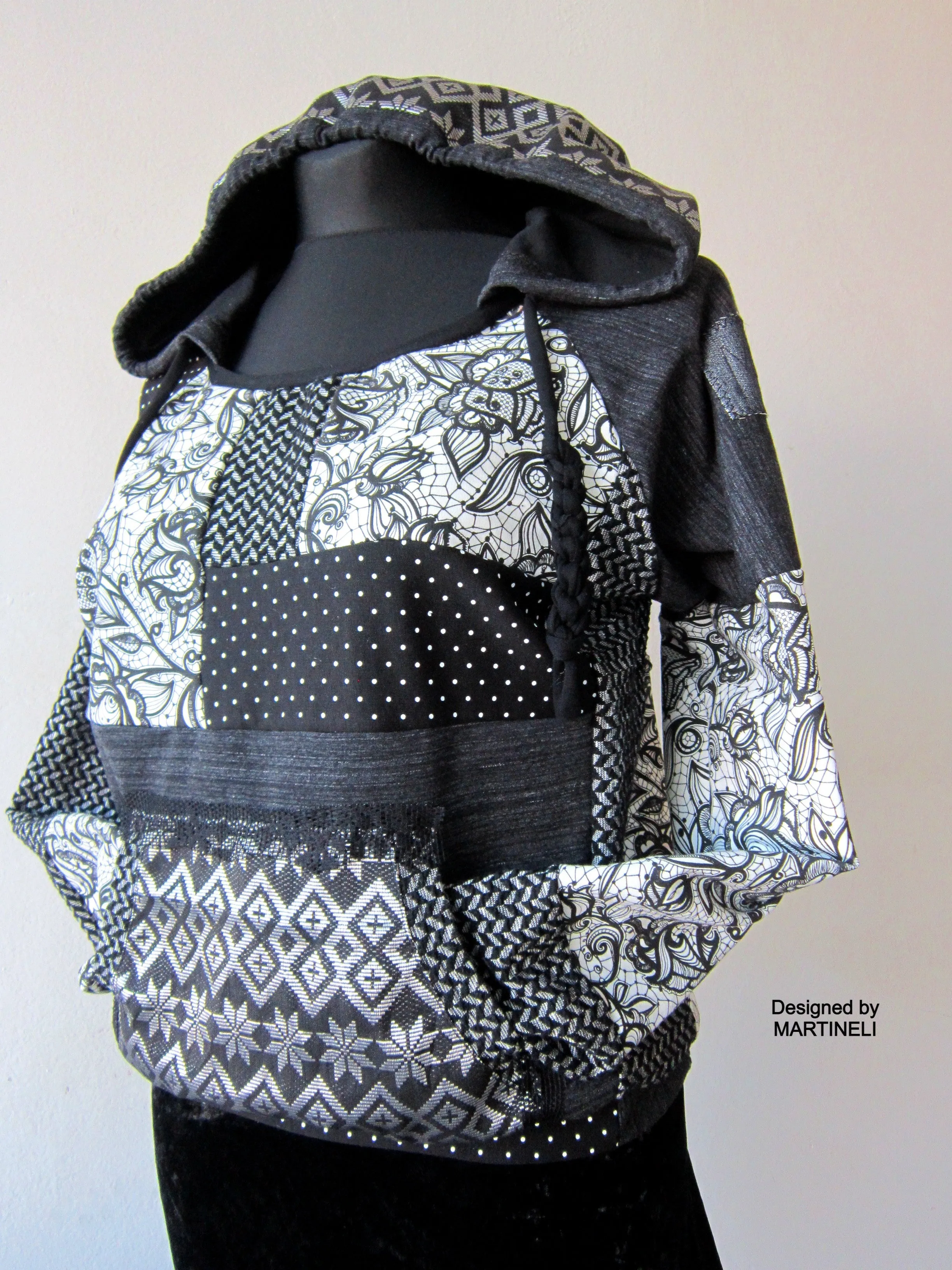M/L Gray Boho Hoodie,Patchwork Hoodie for Women