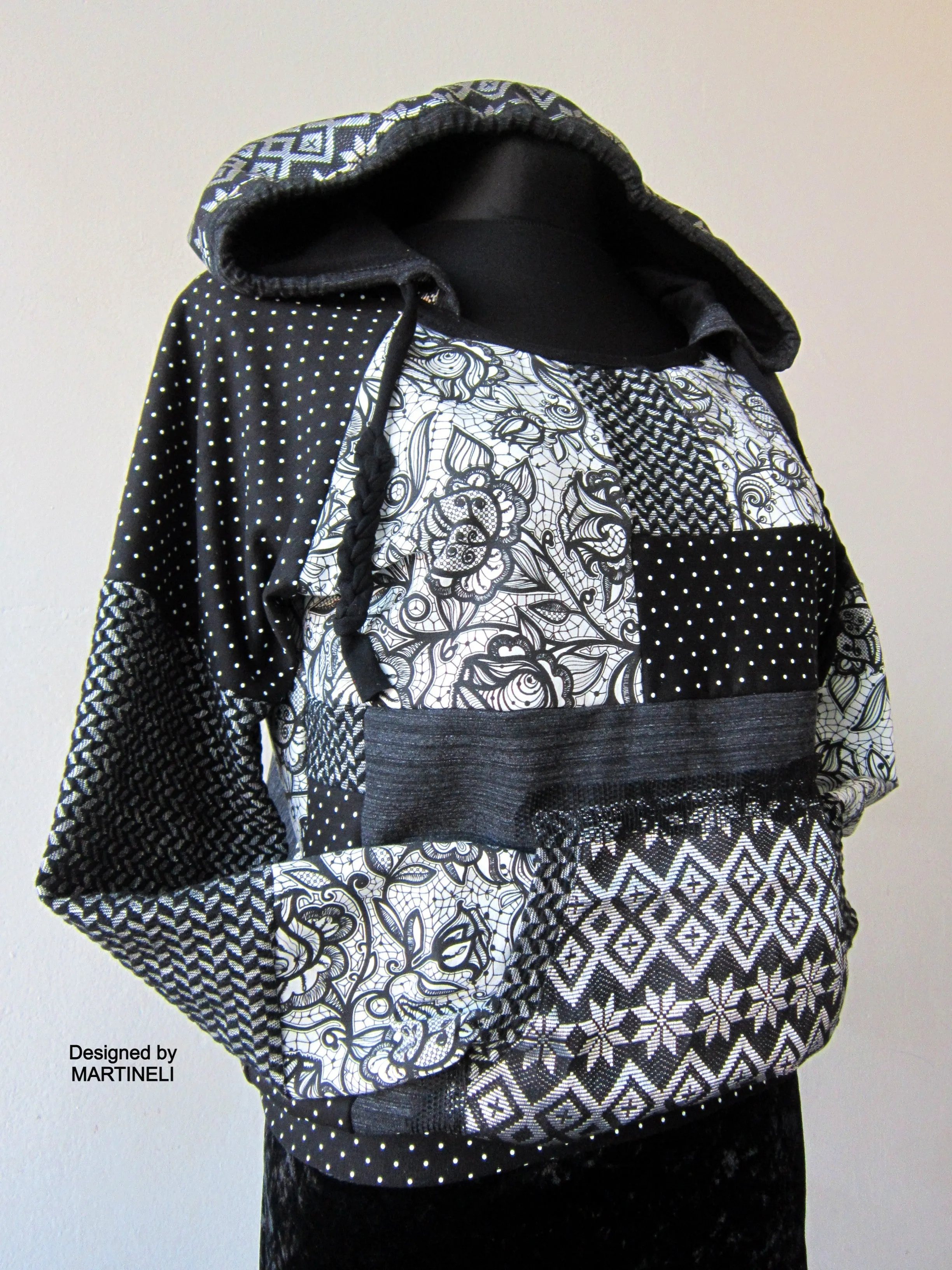 M/L Gray Boho Hoodie,Patchwork Hoodie for Women