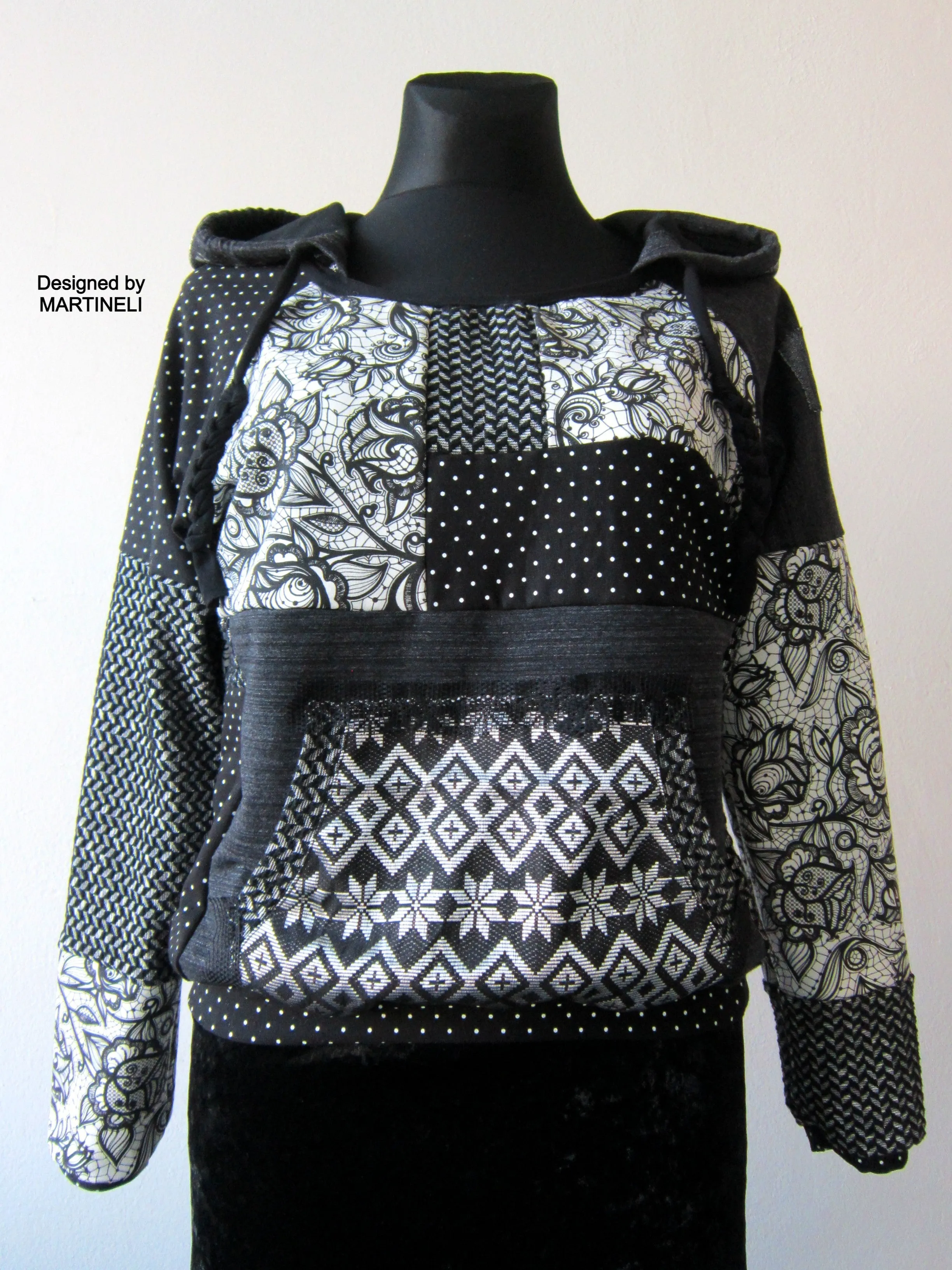 M/L Gray Boho Hoodie,Patchwork Hoodie for Women