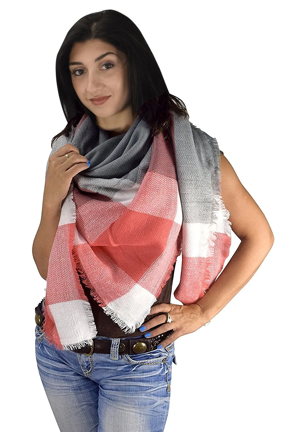 Multicolor Tartan Plaid Oversized Blanket Scarf Shawl Wrap Poncho Grey Red