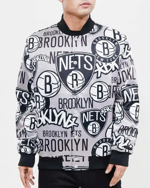 NBA BROOKLYN NETS AOP MEN'S SATIN JACKET (BLACK)
